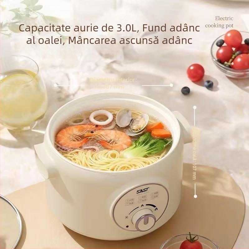 Sast Oală electrică de gătit pentru casă și cămin, capacitate 2,1–4 L, multifuncțională all-in-one, design cu două niveluri, vas interior ceramic glazurat, control prin buton, abur rapid, model SM-8132G, crem