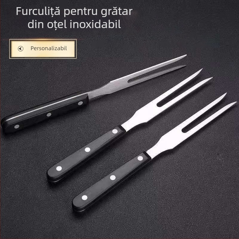 Furculiță din oțel inoxidabil, dintr-o singură bucată, cu mâner din lemn lung, pentru grătar