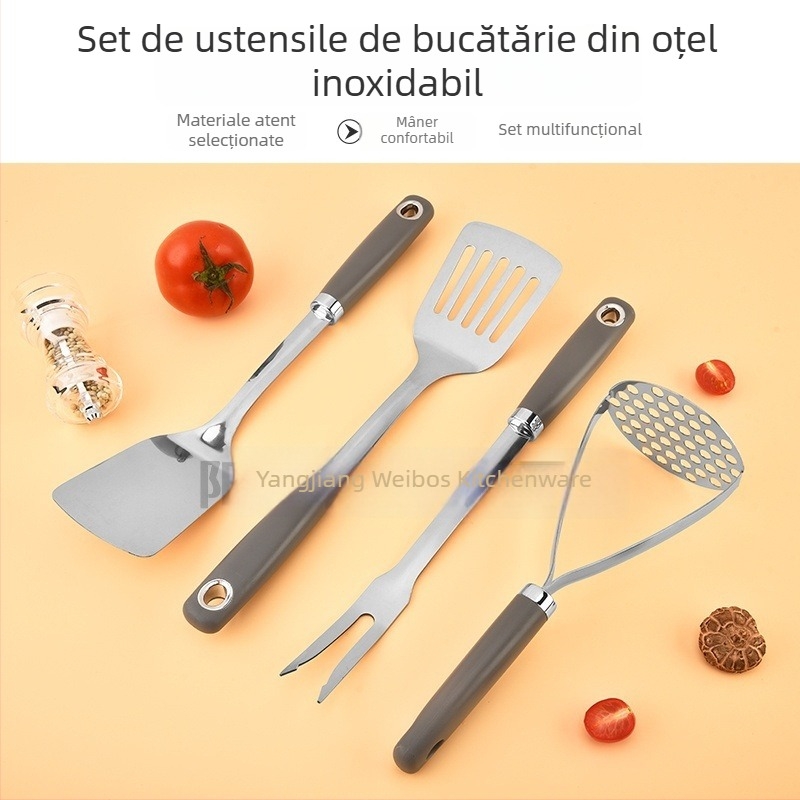 Set de ustensile bucătărie din oțel inoxidabil: spatulă, lingură, strecurător și ustensil pentru paste – materiale sigure pentru alimente