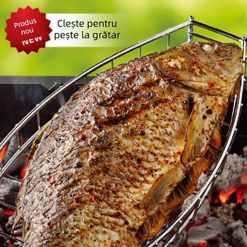 Plasă de grătar din oțel inoxidabil, mâner din lemn, în formă de pește