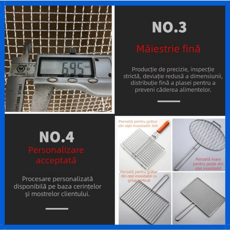 Clește pentru grătar din oțel inoxidabil, calitate alimentară, cu plasă pătrată pentru pește, cartofi și legume