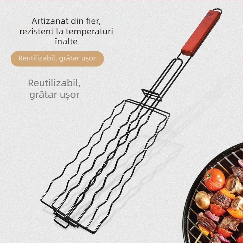 Grătar din oțel inoxidabil cu mâner din lemn, pentru camping, clemă pentru cârnați și hot dog
