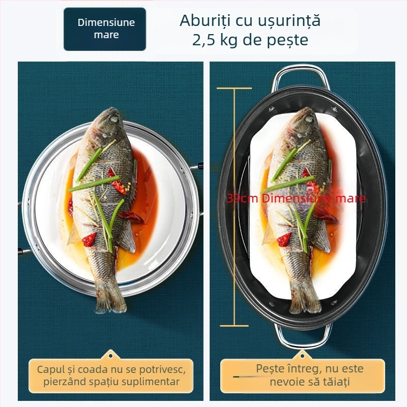 Oală ovală de aburi, multifuncțională pentru uz casnic, ideală pentru fructe de mare și pește, oală de aburi adâncă cu capacitate mare