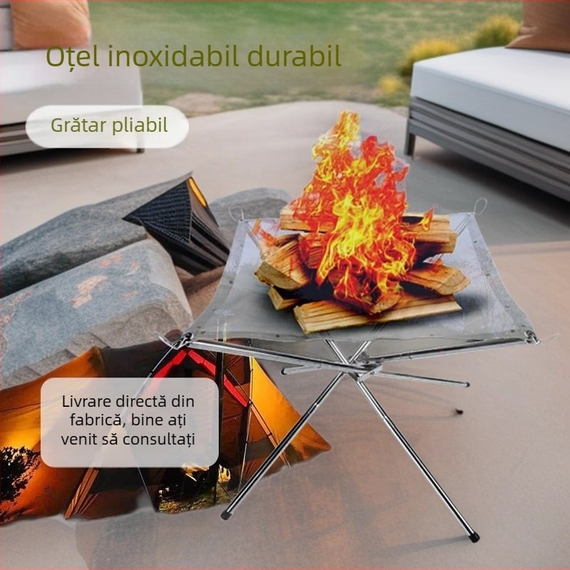 Suport pliant pentru foc de tabără – oțel inoxidabil, grătar pentru camping, încălzitor cu cărbune