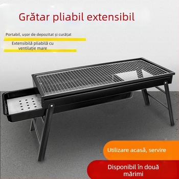 Grătar din oțel inoxidabil, pliabil, pentru cărbune – set complet pentru exterior, cu frigărui