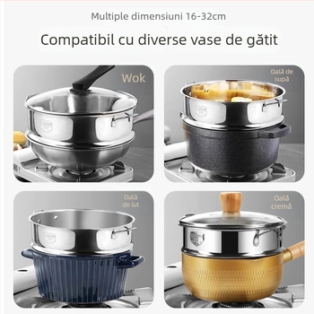 Grilă de aburi pentru uz casnic din oțel inoxidabil 304, cu compartiment de abur și tavă universală de aburi, potrivită pentru oale de supă, lapte și wok