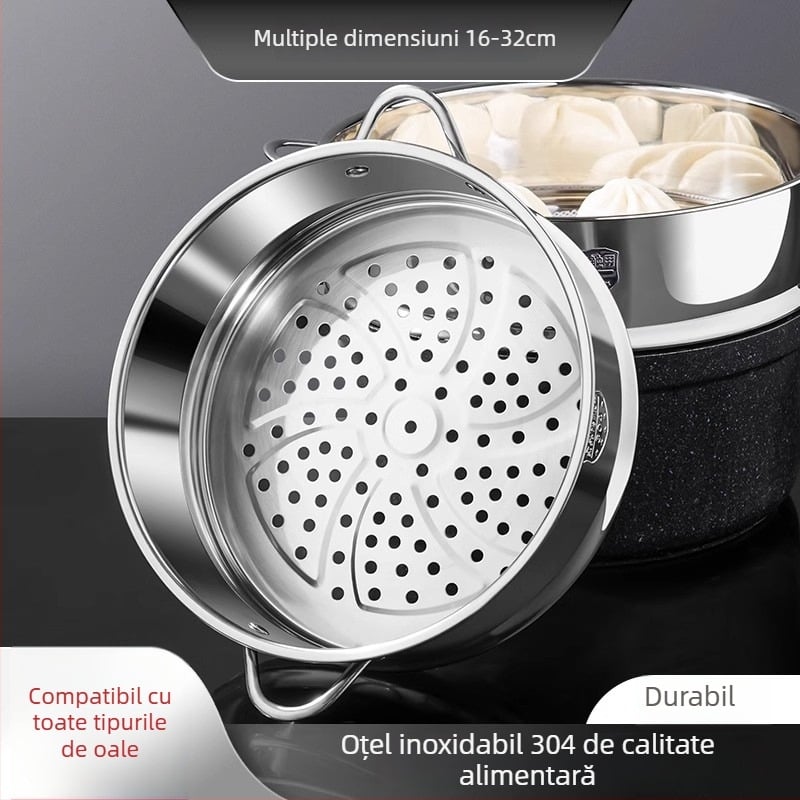 Grilă de aburi pentru uz casnic din oțel inoxidabil 304, cu compartiment de abur și tavă universală de aburi, potrivită pentru oale de supă, lapte și wok