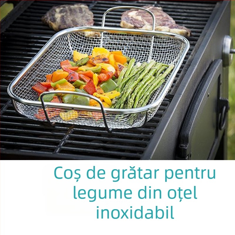 Coș de grătar din oțel inoxidabil 201, mare, cu drenaj pentru legume și fructe, cu mânere duble, pentru depozitare