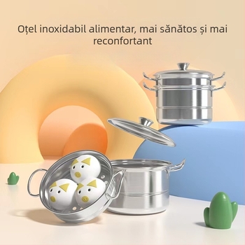 Set mini bucătărie din oțel inoxidabil pentru joacă, cu aburi, trei niveluri