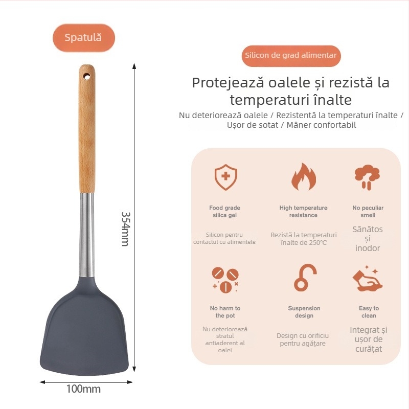 Set spatule din silicon rezistente la temperaturi înalte pentru tigăi antiaderente – linguri din lemn și ustensile de bucătărie