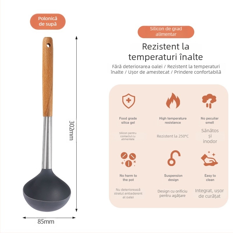 Set spatule din silicon rezistente la temperaturi înalte pentru tigăi antiaderente – linguri din lemn și ustensile de bucătărie