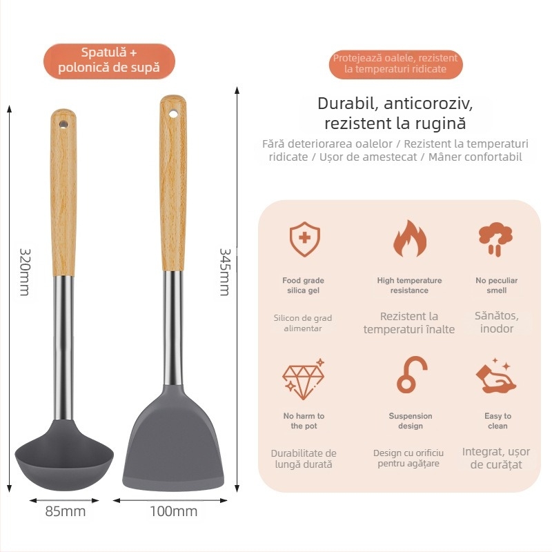 Set spatule din silicon rezistente la temperaturi înalte pentru tigăi antiaderente – linguri din lemn și ustensile de bucătărie