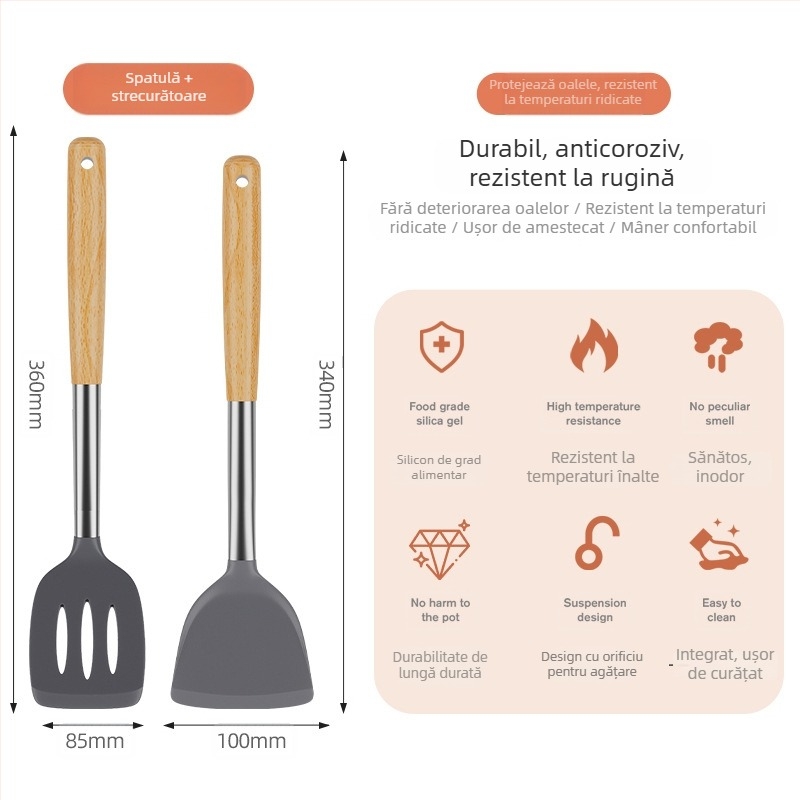 Set spatule din silicon rezistente la temperaturi înalte pentru tigăi antiaderente – linguri din lemn și ustensile de bucătărie