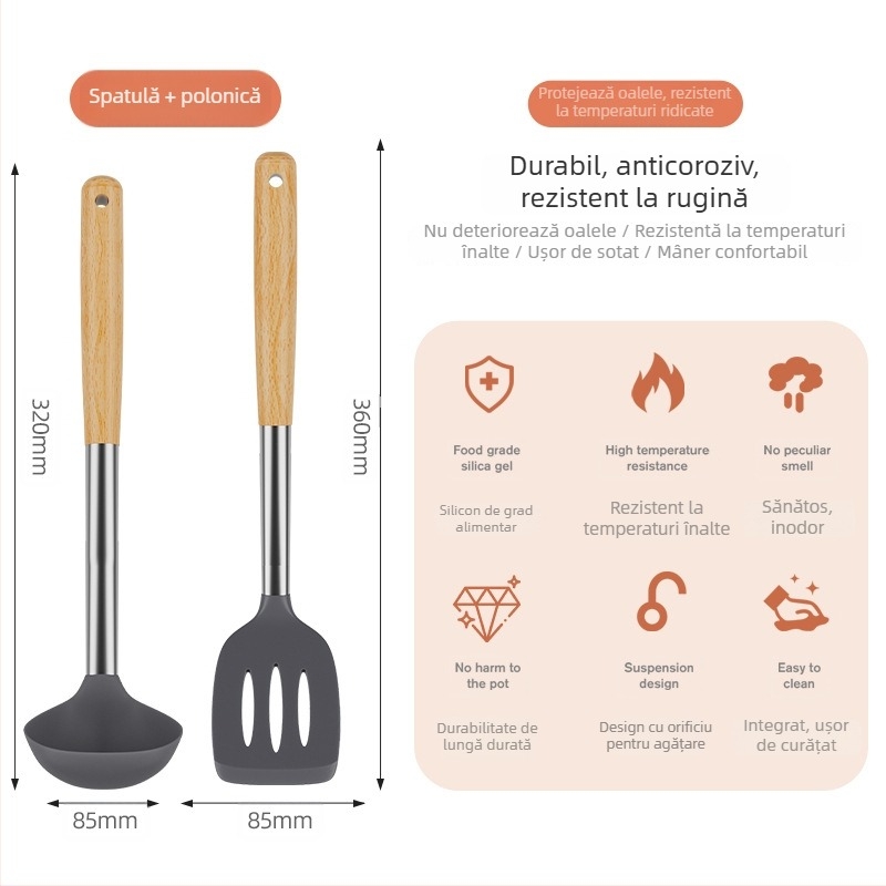 Set spatule din silicon rezistente la temperaturi înalte pentru tigăi antiaderente – linguri din lemn și ustensile de bucătărie