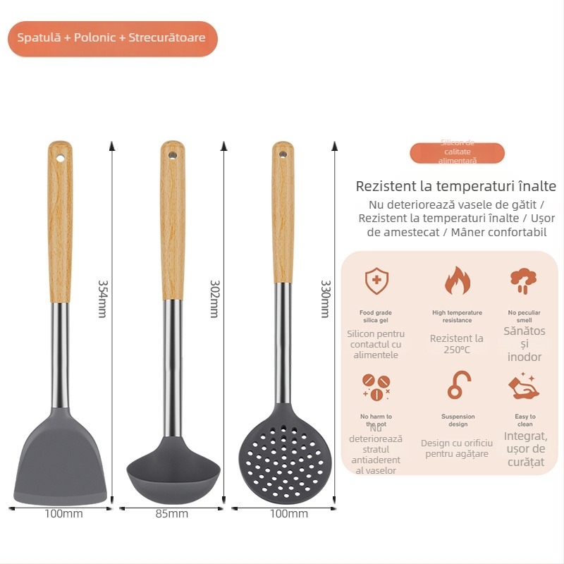 Set spatule din silicon rezistente la temperaturi înalte pentru tigăi antiaderente – linguri din lemn și ustensile de bucătărie