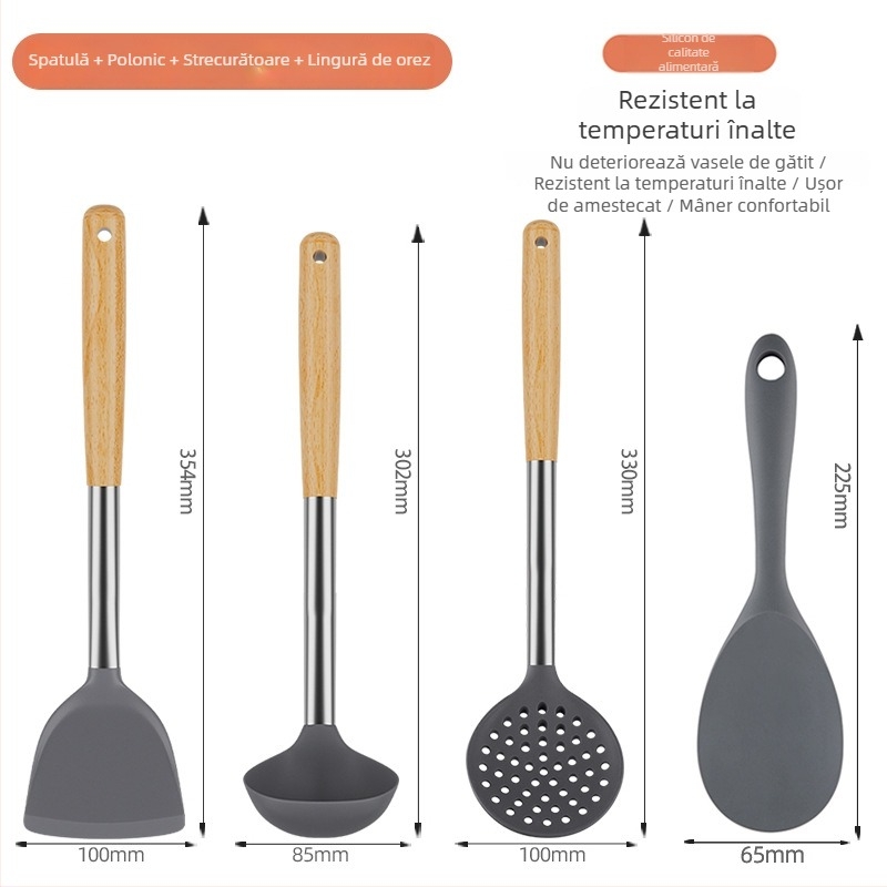 Set spatule din silicon rezistente la temperaturi înalte pentru tigăi antiaderente – linguri din lemn și ustensile de bucătărie
