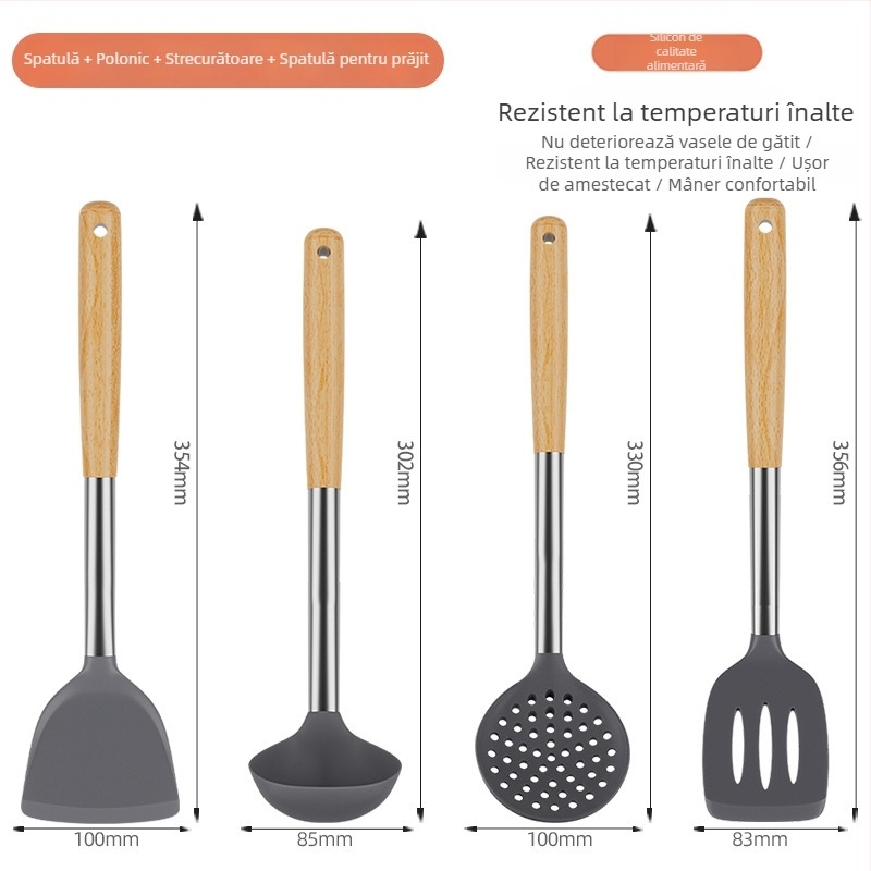Set spatule din silicon rezistente la temperaturi înalte pentru tigăi antiaderente – linguri din lemn și ustensile de bucătărie