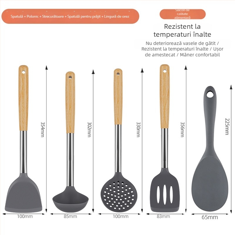 Set spatule din silicon rezistente la temperaturi înalte pentru tigăi antiaderente – linguri din lemn și ustensile de bucătărie