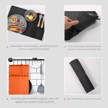 Covoraș din silicon pentru grătar cu suport lateral pentru raft, protecție pentru tavă, covoraș de drenaj pentru ulei, silicon negru ca piatră