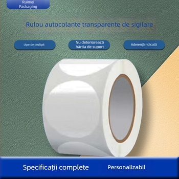 Etichete circulare transparente din PVC autoadezive, rezistente la apă, ușor de desprins și reutilizabile, pentru etichete și coduri de bare pe ambalajul exterior, diametre 20 mm sau 25 mm, 500 etichete pe rol.