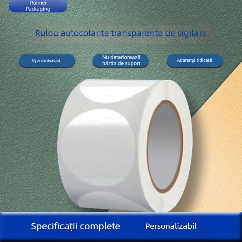 Etichete circulare transparente din PVC autoadezive, rezistente la apă, ușor de desprins și reutilizabile, pentru etichete și coduri de bare pe ambalajul exterior, diametre 20 mm sau 25 mm, 500 etichete pe rol.
