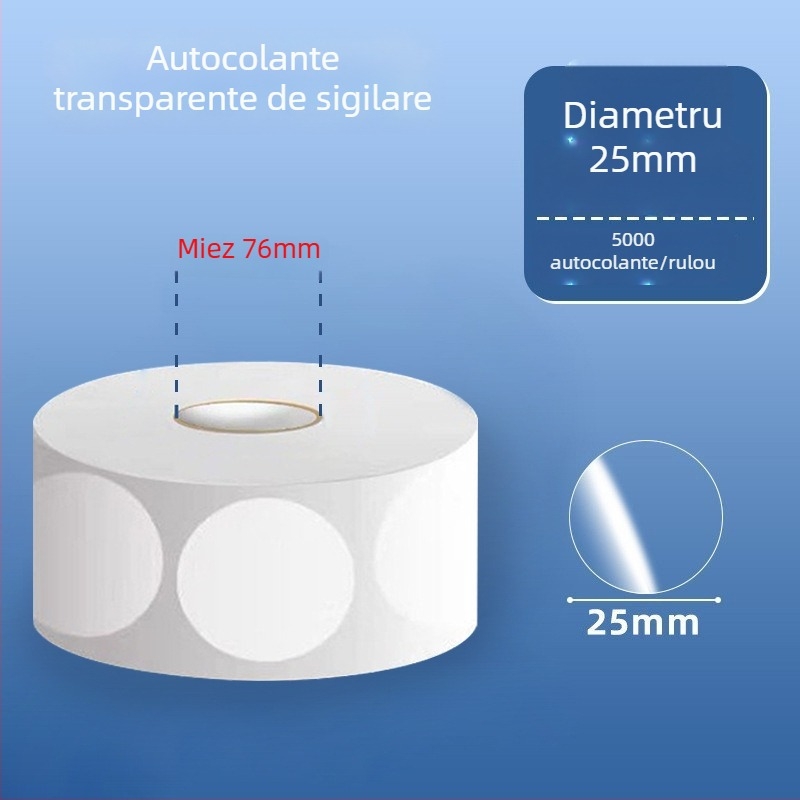 Etichete circulare transparente din PVC autoadezive, rezistente la apă, ușor de desprins și reutilizabile, pentru etichete și coduri de bare pe ambalajul exterior, diametre 20 mm sau 25 mm, 500 etichete pe rol.
