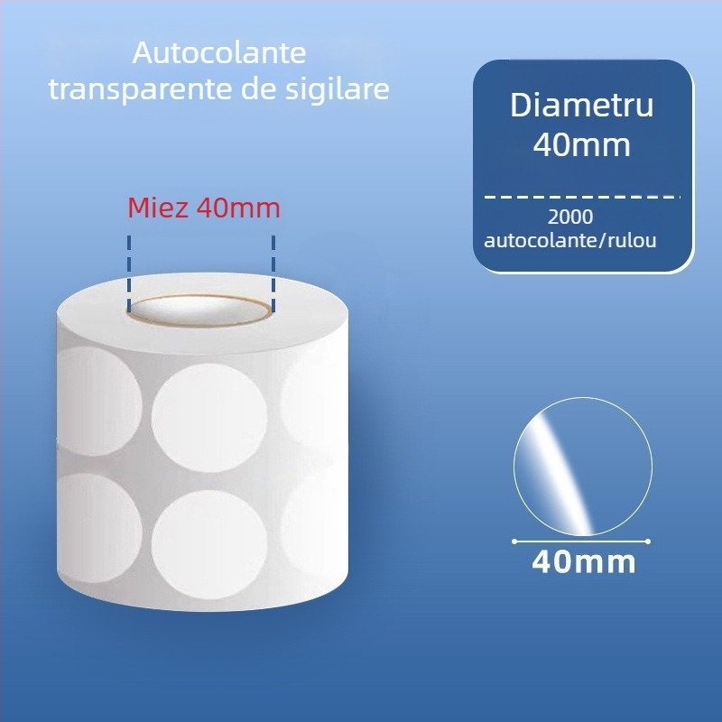 Etichete circulare transparente din PVC autoadezive, rezistente la apă, ușor de desprins și reutilizabile, pentru etichete și coduri de bare pe ambalajul exterior, diametre 20 mm sau 25 mm, 500 etichete pe rol.