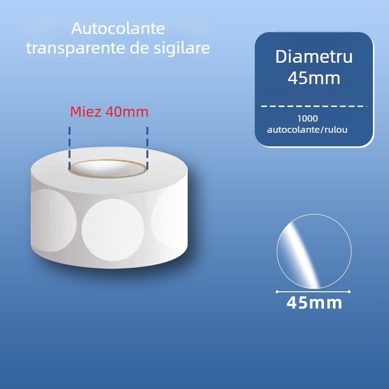 Etichete circulare transparente din PVC autoadezive, rezistente la apă, ușor de desprins și reutilizabile, pentru etichete și coduri de bare pe ambalajul exterior, diametre 20 mm sau 25 mm, 500 etichete pe rol.