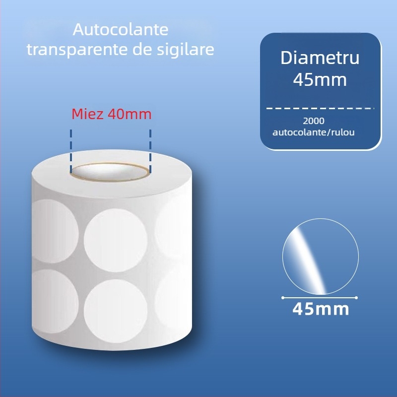 Etichete circulare transparente din PVC autoadezive, rezistente la apă, ușor de desprins și reutilizabile, pentru etichete și coduri de bare pe ambalajul exterior, diametre 20 mm sau 25 mm, 500 etichete pe rol.