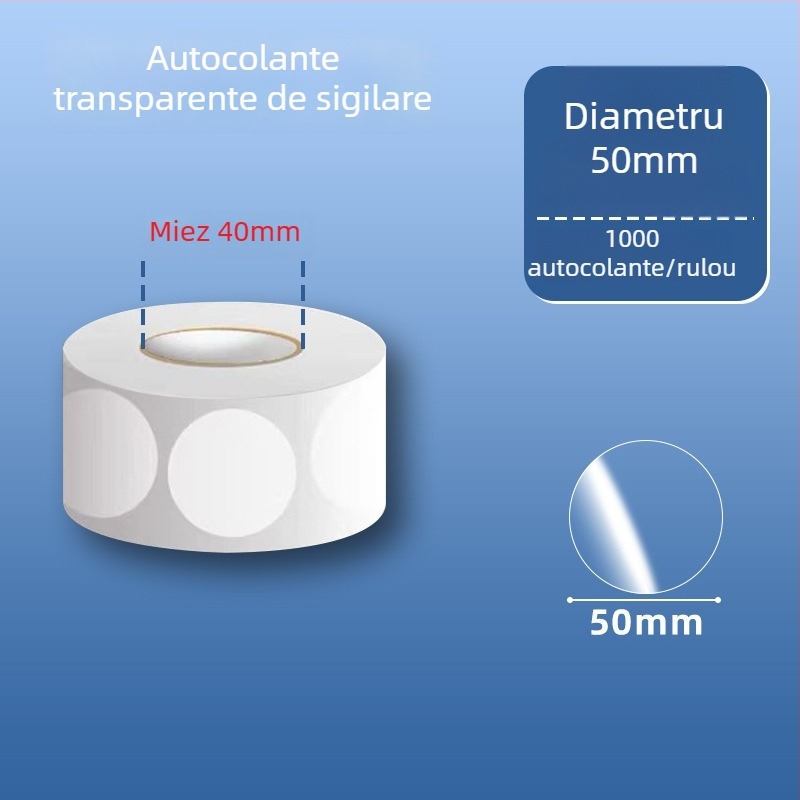Etichete circulare transparente din PVC autoadezive, rezistente la apă, ușor de desprins și reutilizabile, pentru etichete și coduri de bare pe ambalajul exterior, diametre 20 mm sau 25 mm, 500 etichete pe rol.