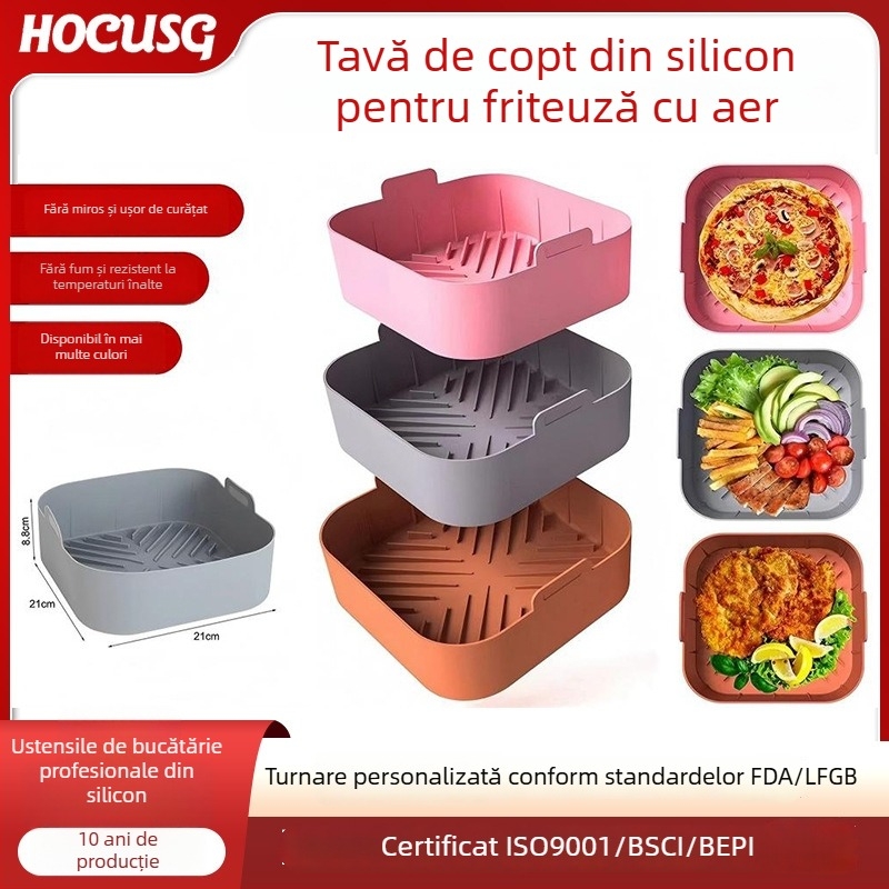 Set tavă de copt pătrată din silicon cu covoraș pentru friteza cu aer, uz casnic