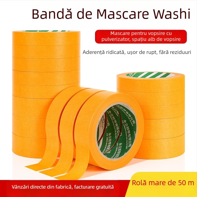 50 m bandă hârtie de mascare galbenă pentru vopsire auto și mobilier, aderență ridicată