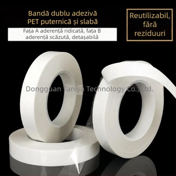 Bandă dublu-adezivă PET AB cu adeziv puternic/slab, detașabilă, fără reziduuri, pentru hârtie, plastic și electronică
