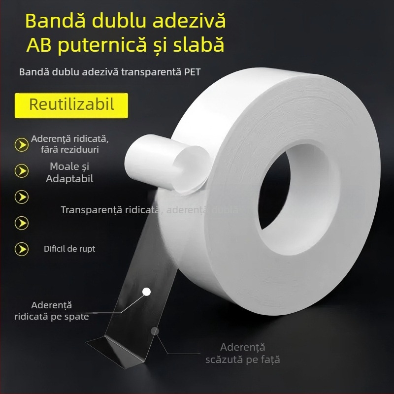 Bandă dublu-adezivă PET AB cu adeziv puternic/slab, detașabilă, fără reziduuri, pentru hârtie, plastic și electronică