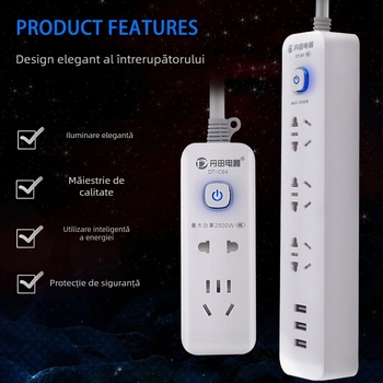 Prelungitor USB cu porturi USB, standard național nou, întrerupător multifuncțional pentru casă și birou