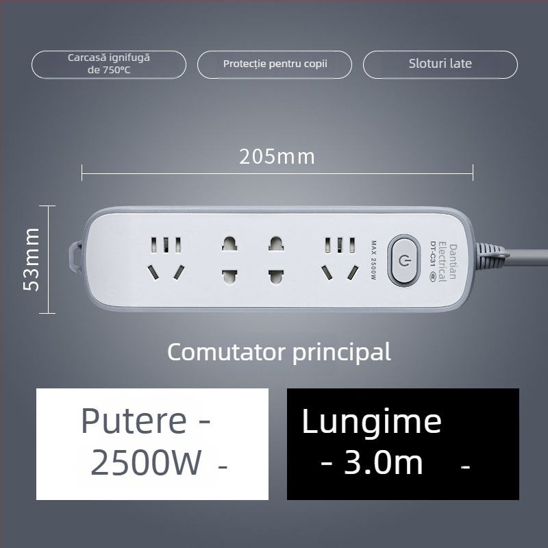 Prelungitor USB cu porturi USB, standard național nou, întrerupător multifuncțional pentru casă și birou