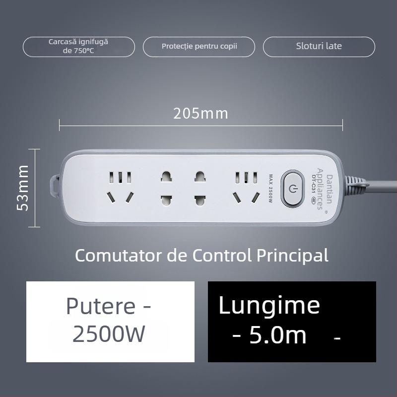 Prelungitor USB cu porturi USB, standard național nou, întrerupător multifuncțional pentru casă și birou