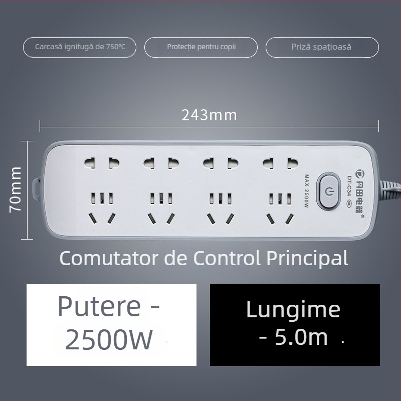 Prelungitor USB cu porturi USB, standard național nou, întrerupător multifuncțional pentru casă și birou