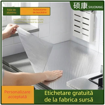 Autocolante autoadezive pentru bucătărie din folie de aluminiu îngroșată, rezistente la ulei și foc, cu aspect premium, pentru plite, blaturi și pereți