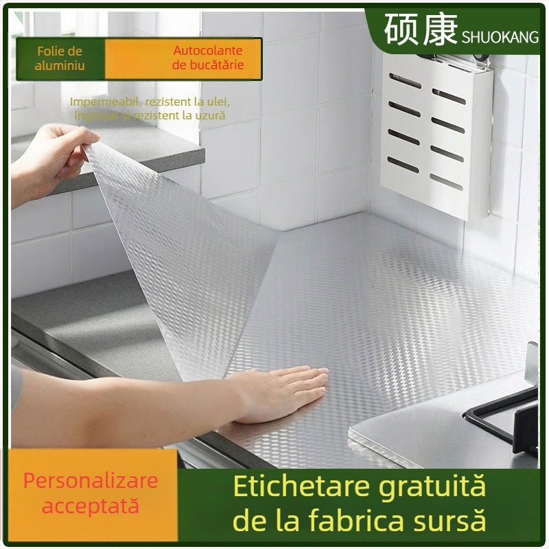 Autocolante autoadezive pentru bucătărie din folie de aluminiu îngroșată, rezistente la ulei și foc, cu aspect premium, pentru plite, blaturi și pereți
