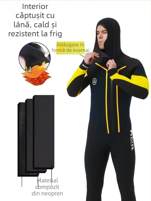 Combinezon neopren 7 mm cu glugă și căptușeală din fleece — cald, impermeabil, semi-uscat, pentru scufundări și înot, unisex
