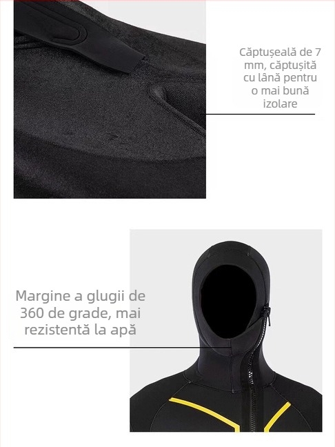 Combinezon neopren 7 mm cu glugă și căptușeală din fleece — cald, impermeabil, semi-uscat, pentru scufundări și înot, unisex