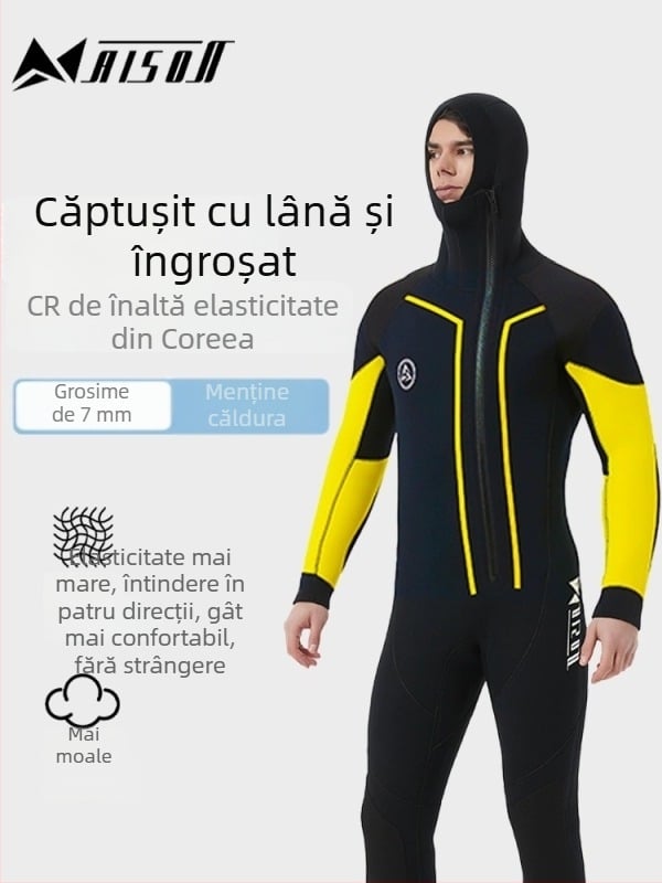 Combinezon neopren 7 mm cu glugă și căptușeală din fleece — cald, impermeabil, semi-uscat, pentru scufundări și înot, unisex