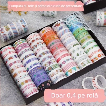 Set de 60 role de bandă washi, cutie cadou cu personaje din desene animate, culori drăguțe pentru elevi