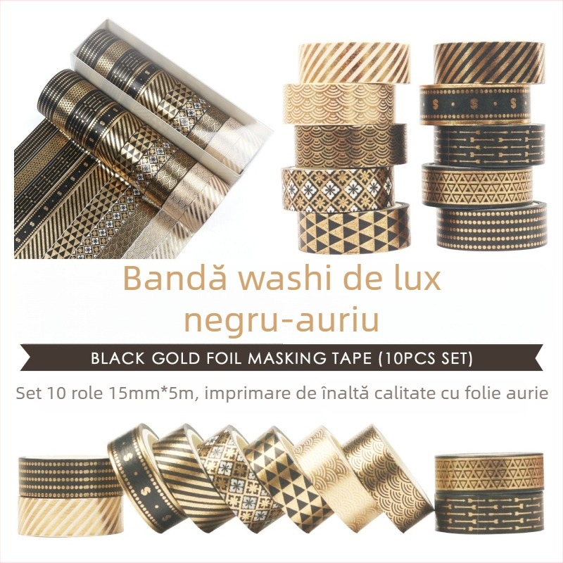 Seria Neagră Aurie, bandă de hârtie 15 mm pentru jurnal — bandă decorativă multi-stil