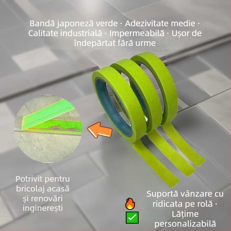 Bandă de mascare verde Apple Green, adezivitate medie, se rupe ușor, fără reziduuri, bandă specială pentru înfrumusețarea rosturilor de plăci ceramice și separarea culorilor vopselei, Washi bandă