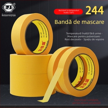 Bandă de mascare din hârtie texturată, 3 mm, cod 244 – galbenă, pentru vopsire exterioară a pereților, rezistență la pătrundere, mascare rosturi