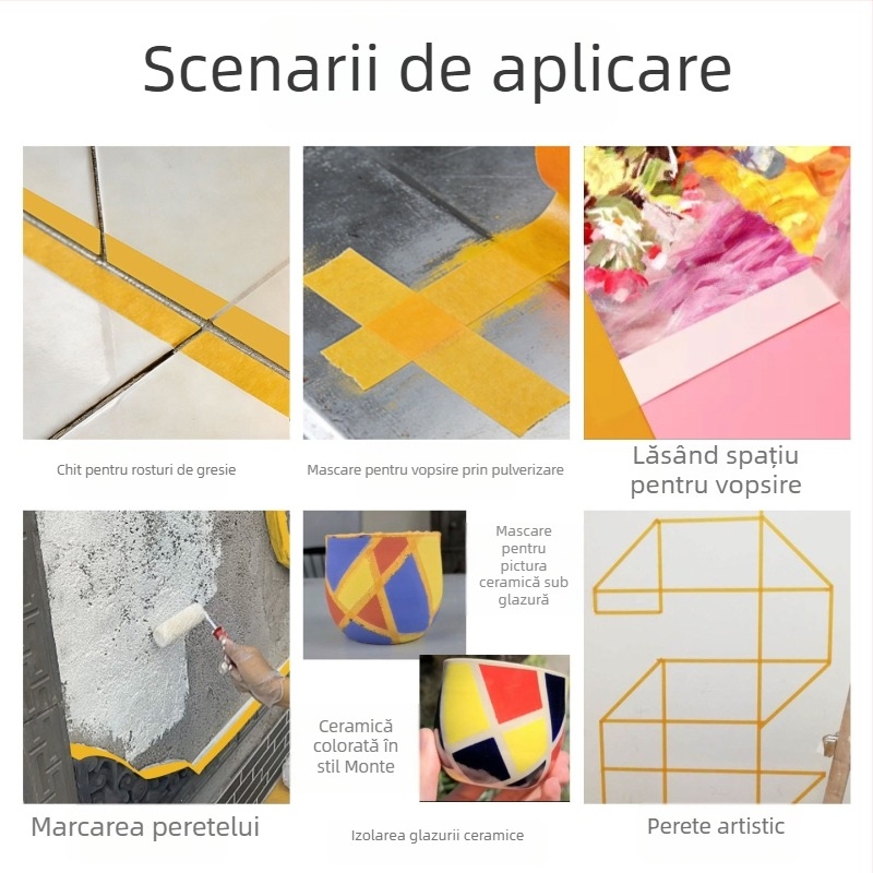 Bandă de mascare din hârtie texturată, 3 mm, cod 244 – galbenă, pentru vopsire exterioară a pereților, rezistență la pătrundere, mascare rosturi