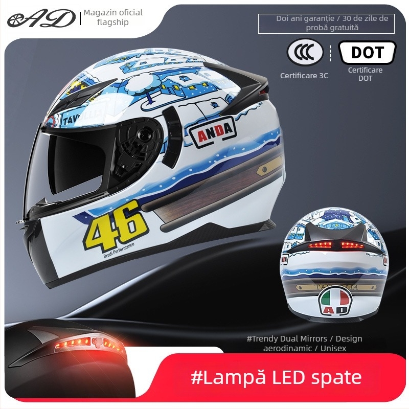 Casca AD pentru motocicletă electrică, full-face, pentru bărbați și femei, certificat 3C, potrivită pentru toate anotimpurile, iluminare LED de siguranță