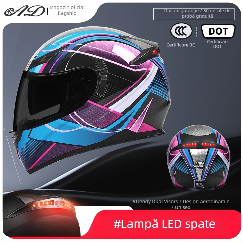 Casca AD pentru motocicletă electrică, full-face, pentru bărbați și femei, certificat 3C, potrivită pentru toate anotimpurile, iluminare LED de siguranță